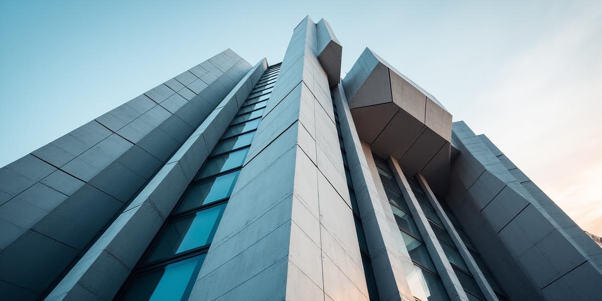 Sudut dramatik bangunan moden dengan garis-garis tajam.