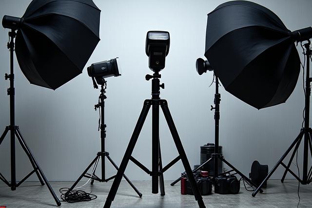 Pelbagai peralatan fotografi profesional di studio Gelap Terang, termasuk lampu dan latar belakang.